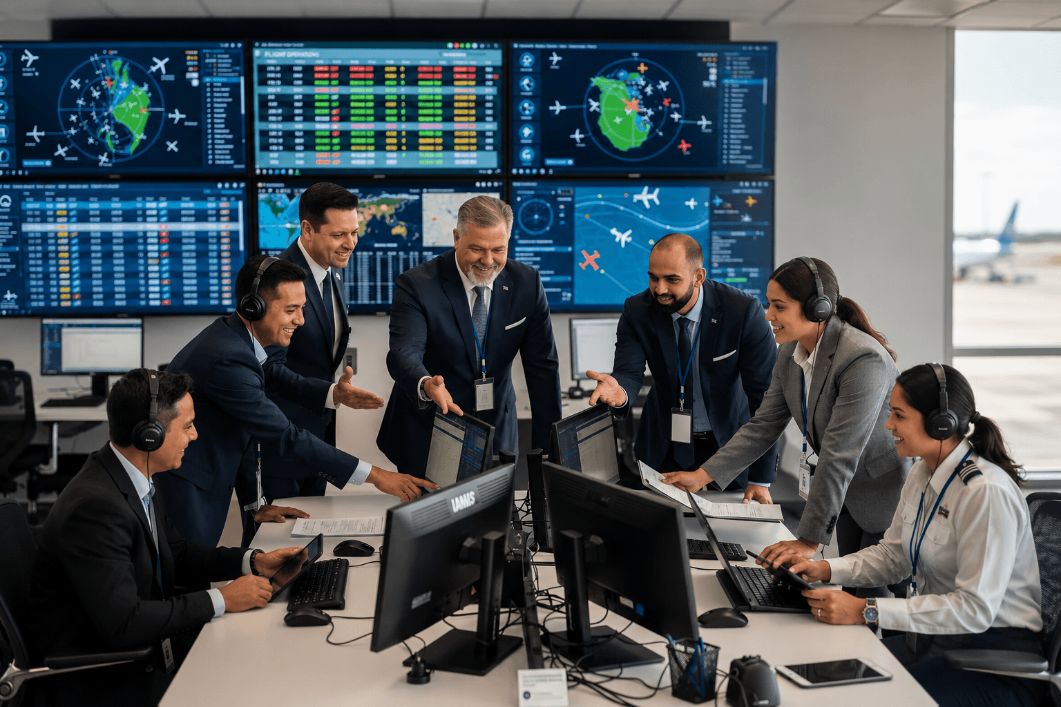SkyCareer aviation specialists reviewing live flight operations and dispatch data in an OCC control room